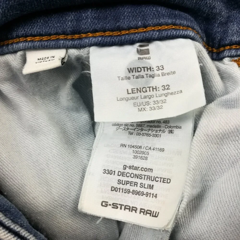 G-Star Raw Jeans 3301 Skinny Deconstructed Distressed Western Blue 33x32 $140